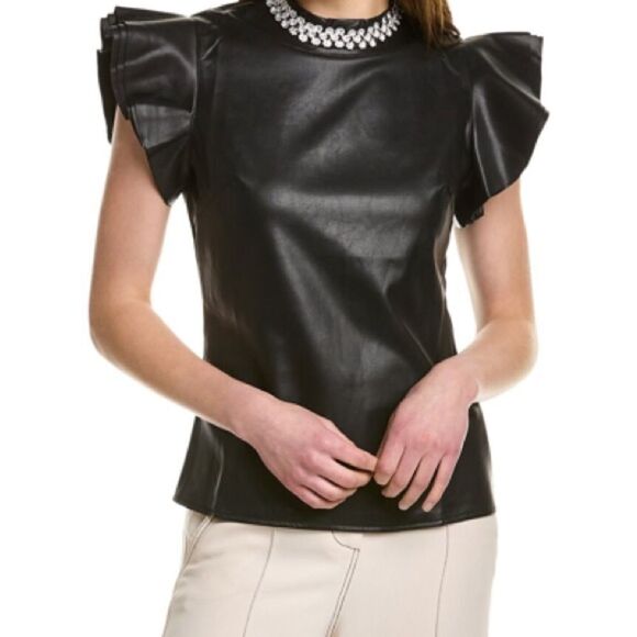 GRACIA Faux Leather Ruffled Sleeve Top In Black Studded Neckline Size Small NWT - Picture 11 of 11